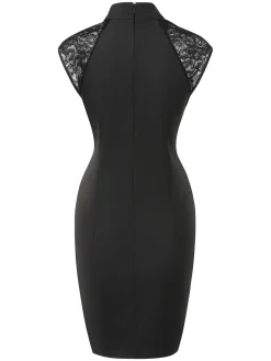 Clearance Retro Stage 1960s Mandarin Collar Embroidered Floral Pencil Dress Black