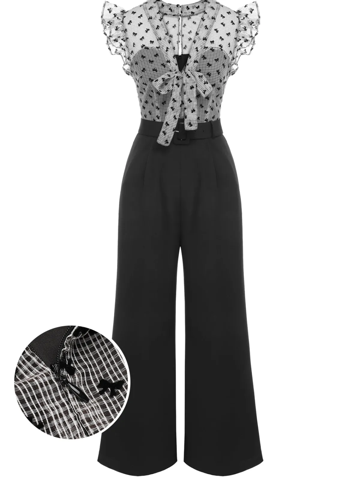 Best Retro Stage 1930s Mesh Bow-knot Patchwork Jumpsuit Black