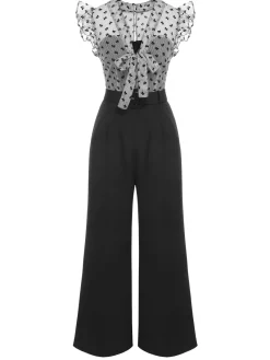 Best Retro Stage 1930s Mesh Bow-knot Patchwork Jumpsuit Black