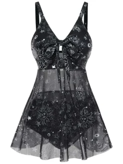 Hot Retro Stage 1930s Mesh Hollow-Out Sun Moon Print Swimdress Black