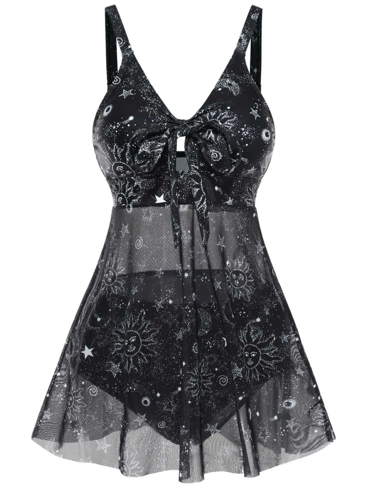 Hot Retro Stage 1930s Mesh Hollow-Out Sun Moon Print Swimdress Black