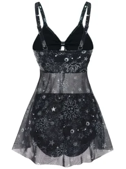 Hot Retro Stage 1930s Mesh Hollow-Out Sun Moon Print Swimdress Black