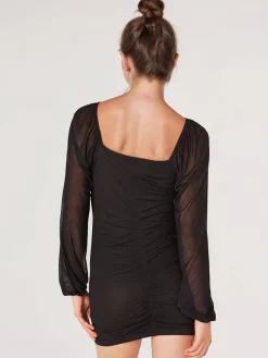 Clearance Retro Stage 1970s Mesh Off Shoulder Pearl Wrinkle Dress Black