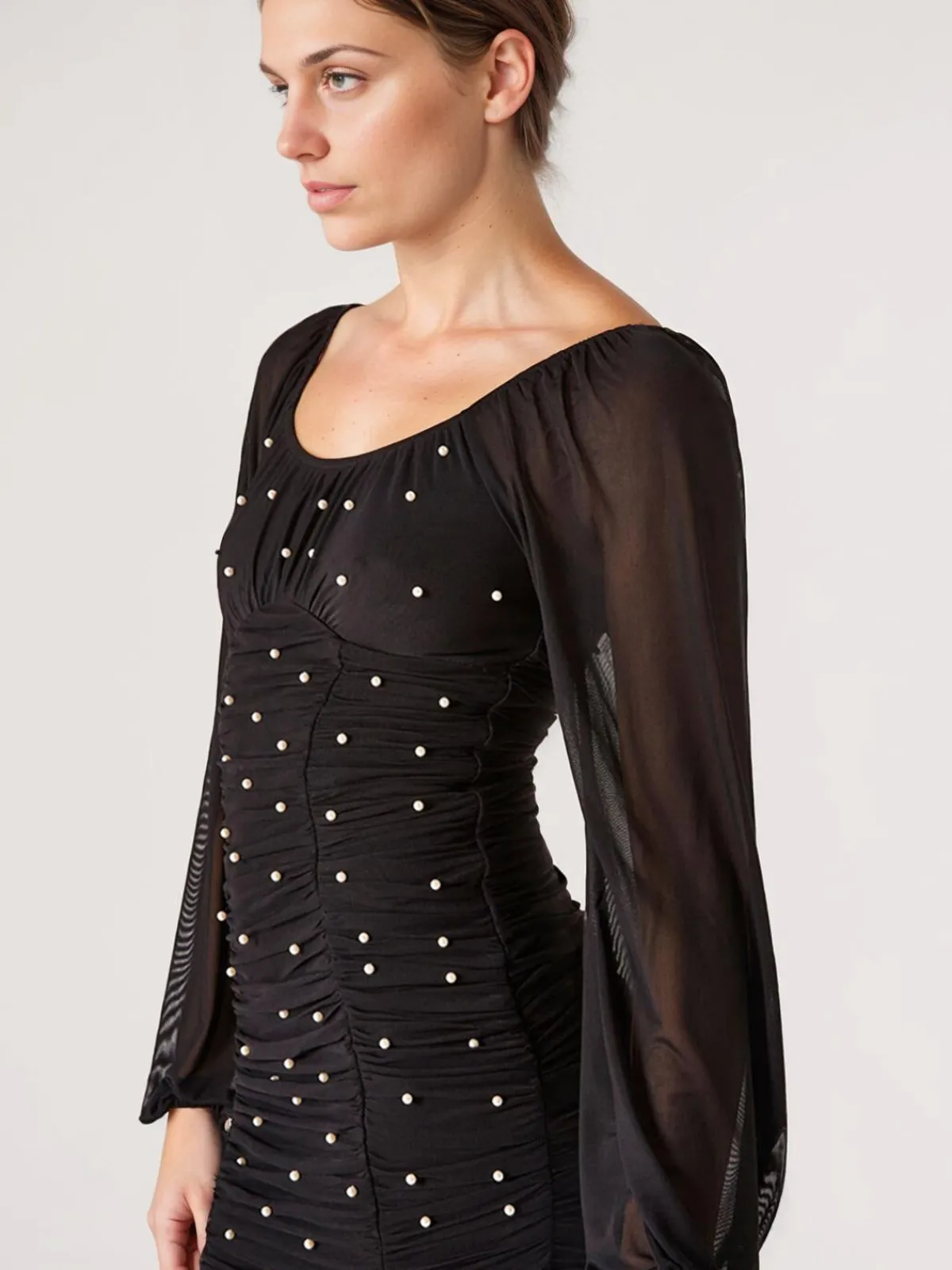 Clearance Retro Stage 1970s Mesh Off Shoulder Pearl Wrinkle Dress Black