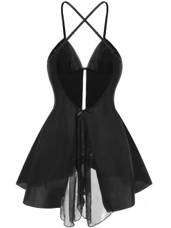 Clearance Retro Stage 1950s Mesh Patchwork Satin Cross Straps Nightgown Black