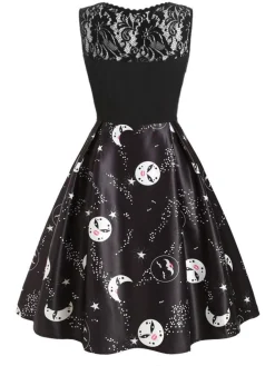 Online Retro Stage 1950s Moon Stars Swing Dress Black