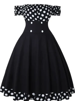 Best Retro Stage 1950s Off Shoulder Polka Dots Dress Black