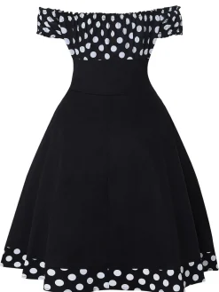 Best Retro Stage 1950s Off Shoulder Polka Dots Dress Black
