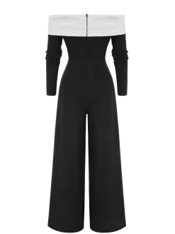 Fashion Retro Stage 1930s Off-Shoulder Bow Jumpsuit Black