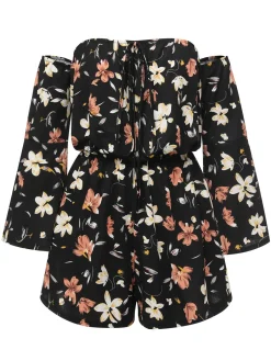 New Retro Stage 1950s Off-Shoulder Floral Romper Black