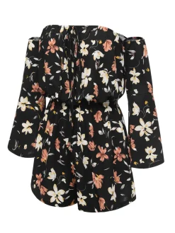 New Retro Stage 1950s Off-Shoulder Floral Romper Black