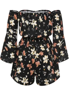 New Retro Stage 1950s Off-Shoulder Floral Romper Black