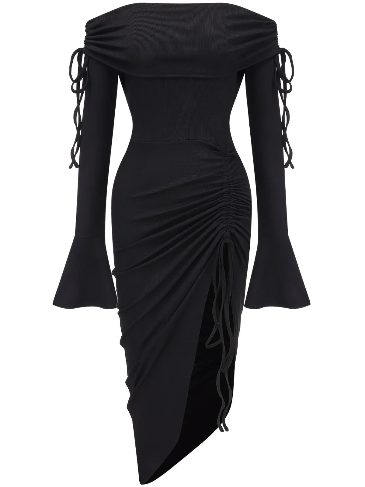 Best Retro Stage 1960s Off-Shoulder Lace-Up Drawstring Dress Black