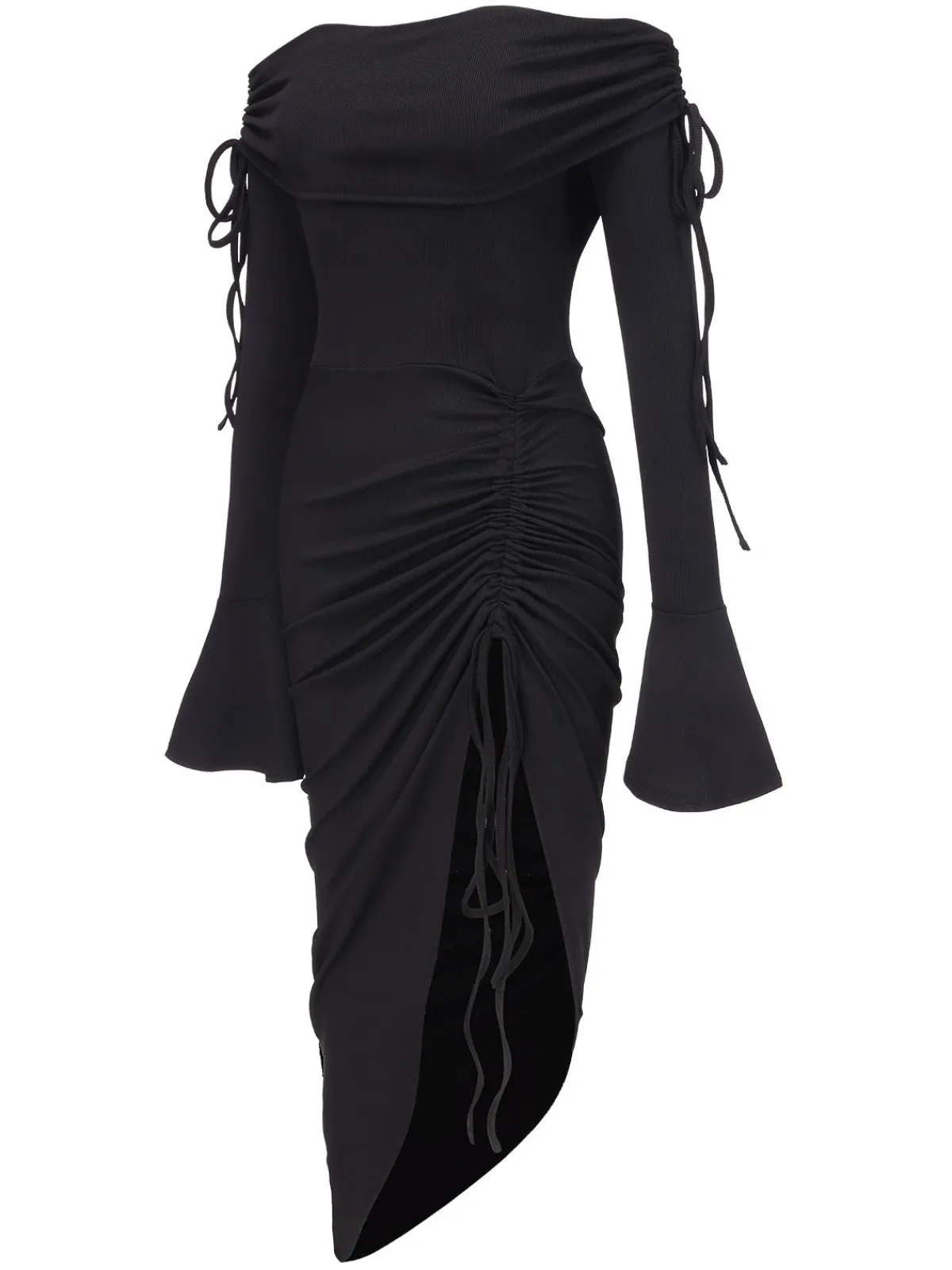 Best Retro Stage 1960s Off-Shoulder Lace-Up Drawstring Dress Black