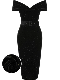Hot Retro Stage 1960s Off-Shoulder Rhinestones Velvet Dress Black