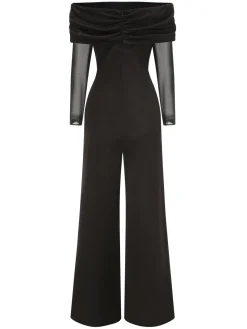 Clearance Retro Stage 1950s Off-Shoulder Sheer Sleeve Jumpsuit Black
