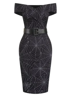 Sale Retro Stage 1960s Off-shoulder Spider Web Dress Black