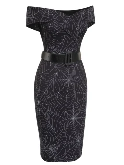 Sale Retro Stage 1960s Off-shoulder Spider Web Dress Black