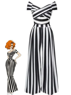 Outlet Retro Stage 1960s Off-Shoulder Stripes Jumpsuit Black