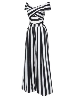 Outlet Retro Stage 1960s Off-Shoulder Stripes Jumpsuit Black