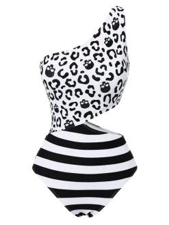 Sale Retro Stage 1980s One-Shoulder Hollow Skull Stripe Swimsuit Black