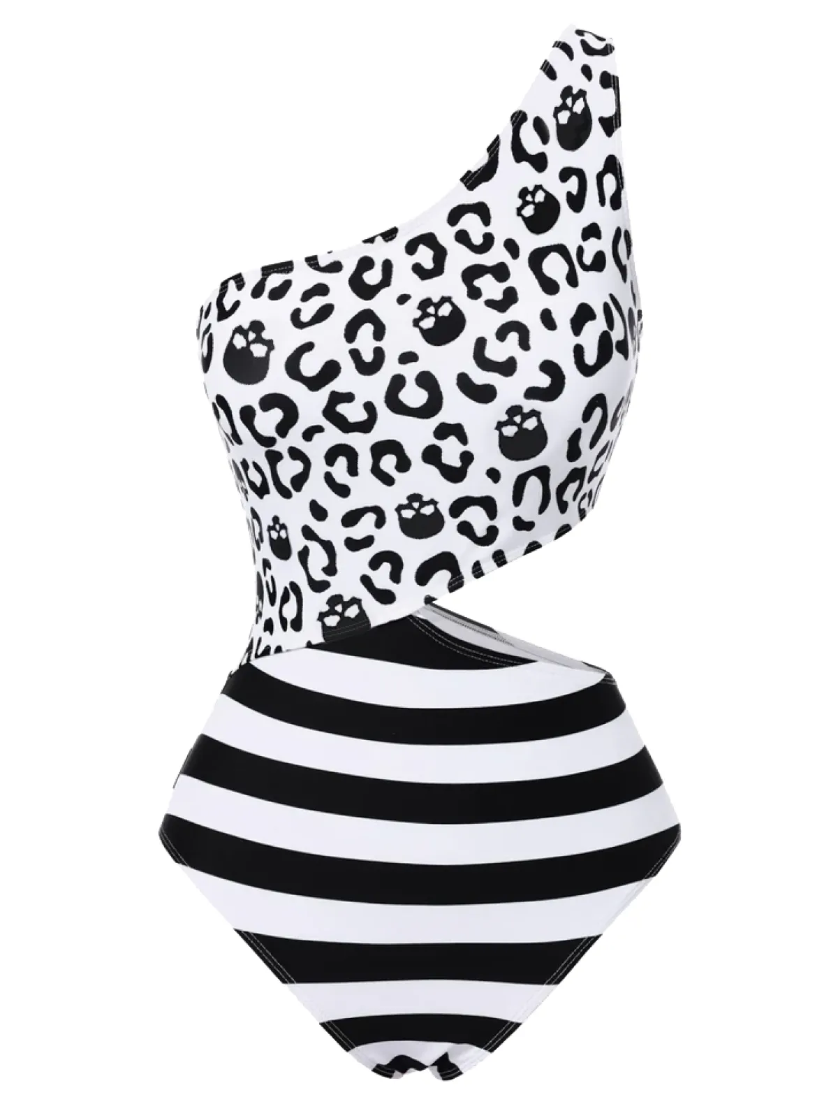 Sale Retro Stage 1980s One-Shoulder Hollow Skull Stripe Swimsuit Black