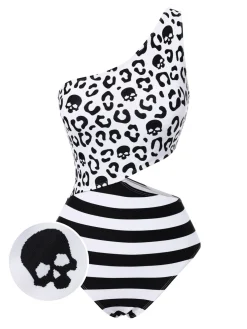 Discount Retro Stage 1980s One-Shoulder Hollow Skull Stripe Swimsuit Black