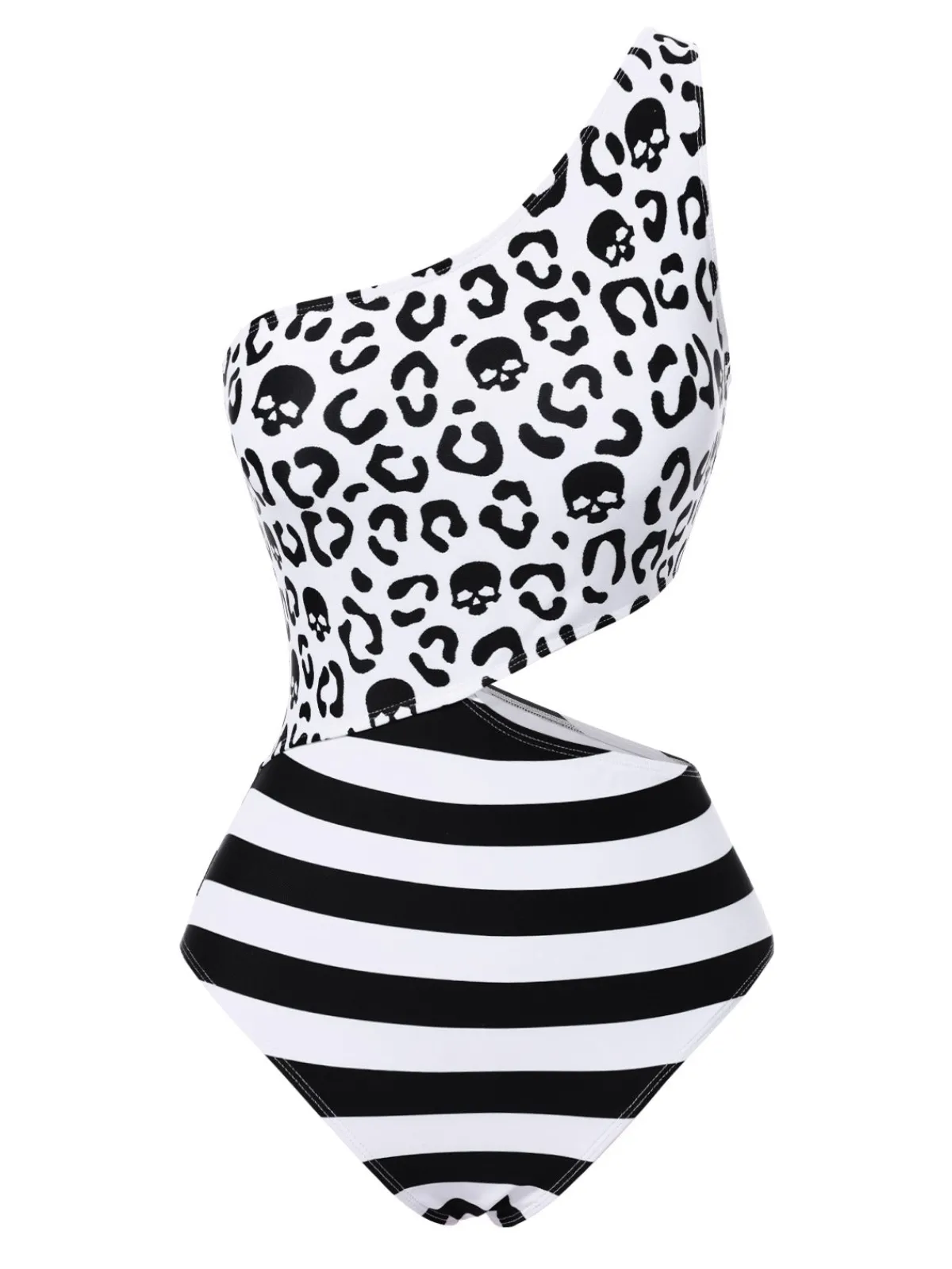 Discount Retro Stage 1980s One-Shoulder Hollow Skull Stripe Swimsuit Black