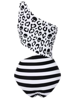 Discount Retro Stage 1980s One-Shoulder Hollow Skull Stripe Swimsuit Black