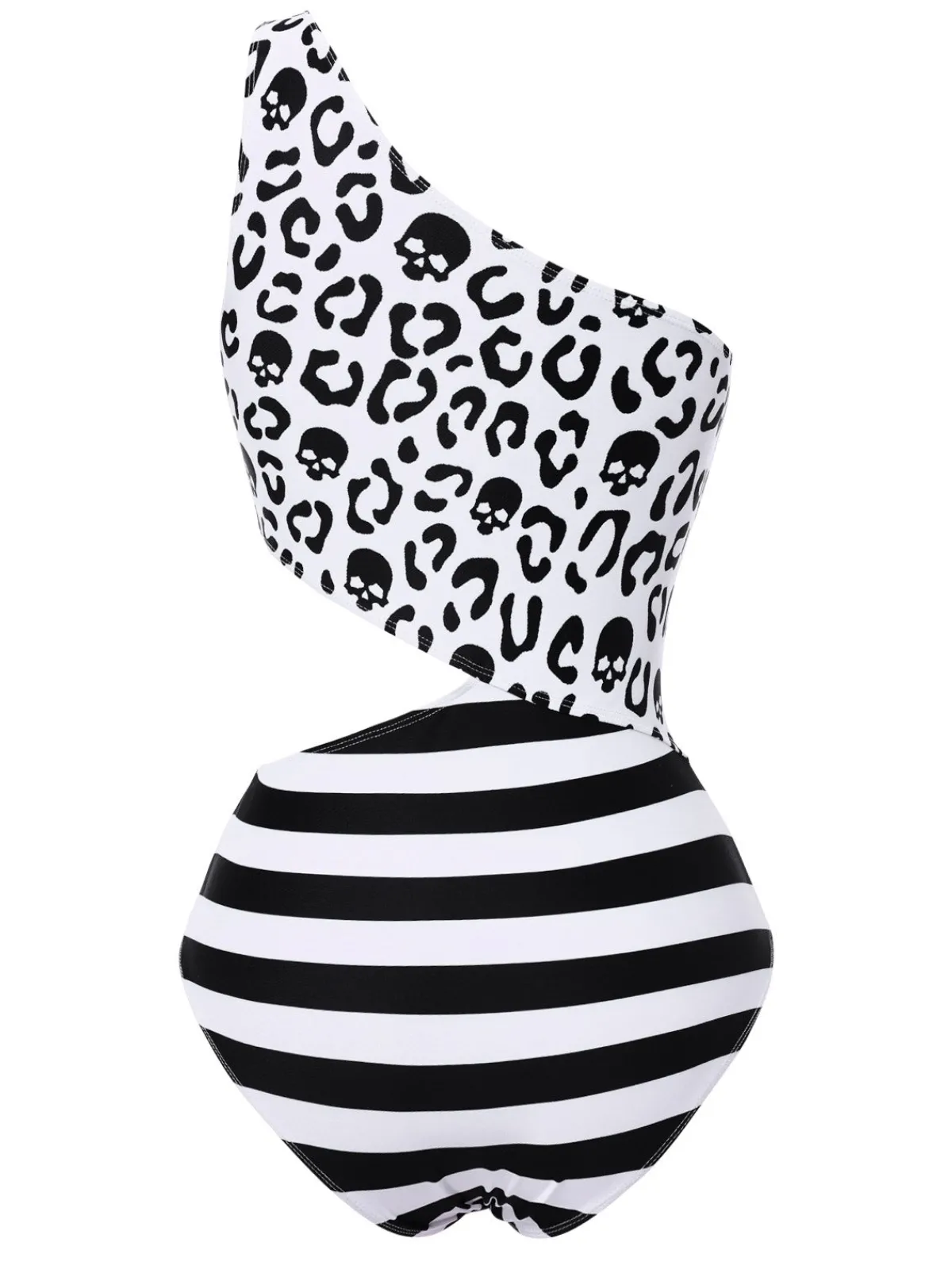 Discount Retro Stage 1980s One-Shoulder Hollow Skull Stripe Swimsuit Black
