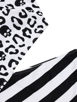 Discount Retro Stage 1980s One-Shoulder Hollow Skull Stripe Swimsuit Black