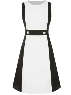 Fashion Retro Stage 1960s Patchwork Crew Neck Button Dress Black