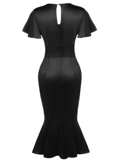 Discount Retro Stage 1960s Patchwork Fishtail Bodycon Dress Black