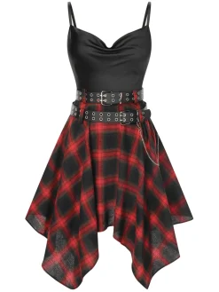 Online Retro Stage 1970s Plaid Cowl Neck Dress Black
