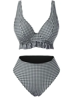 Hot Retro Stage 1950s Plaid Deep V-Neck Ruffled Bikini Set Black