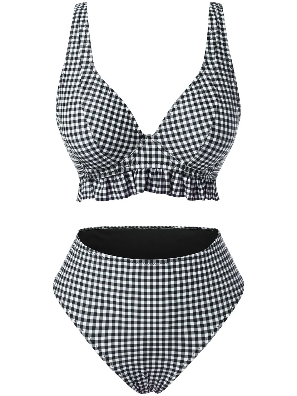 Hot Retro Stage 1950s Plaid Deep V-Neck Ruffled Bikini Set Black