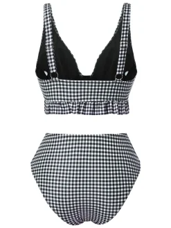 Hot Retro Stage 1950s Plaid Deep V-Neck Ruffled Bikini Set Black