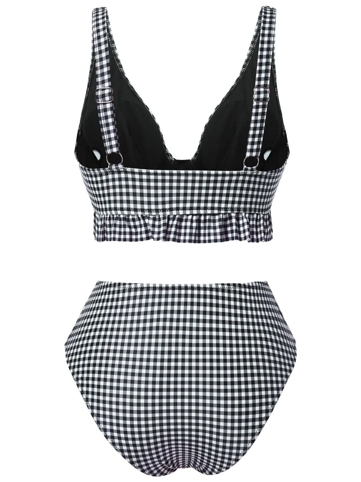 Hot Retro Stage 1950s Plaid Deep V-Neck Ruffled Bikini Set Black