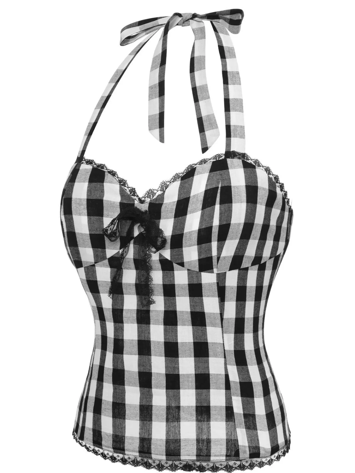 Hot Retro Stage 1950s Plaid Halter Lace Bow Top Black