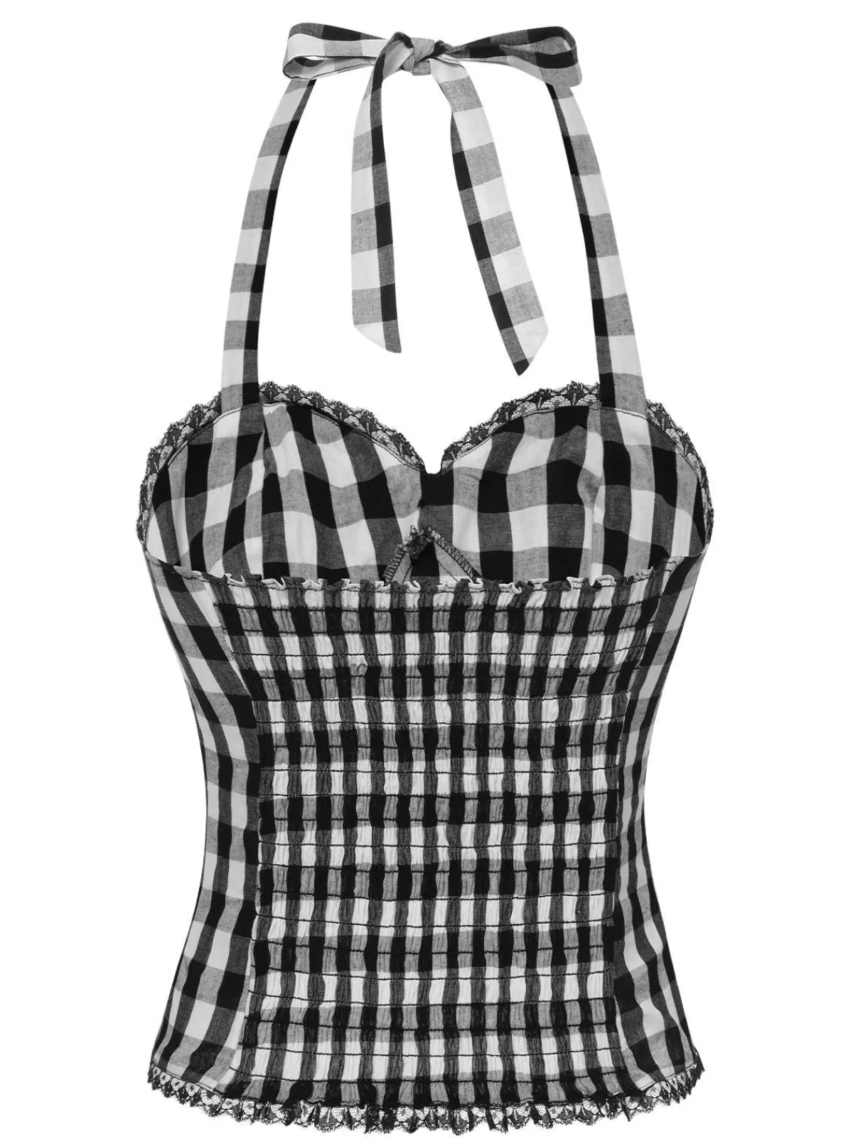 Hot Retro Stage 1950s Plaid Halter Lace Bow Top Black