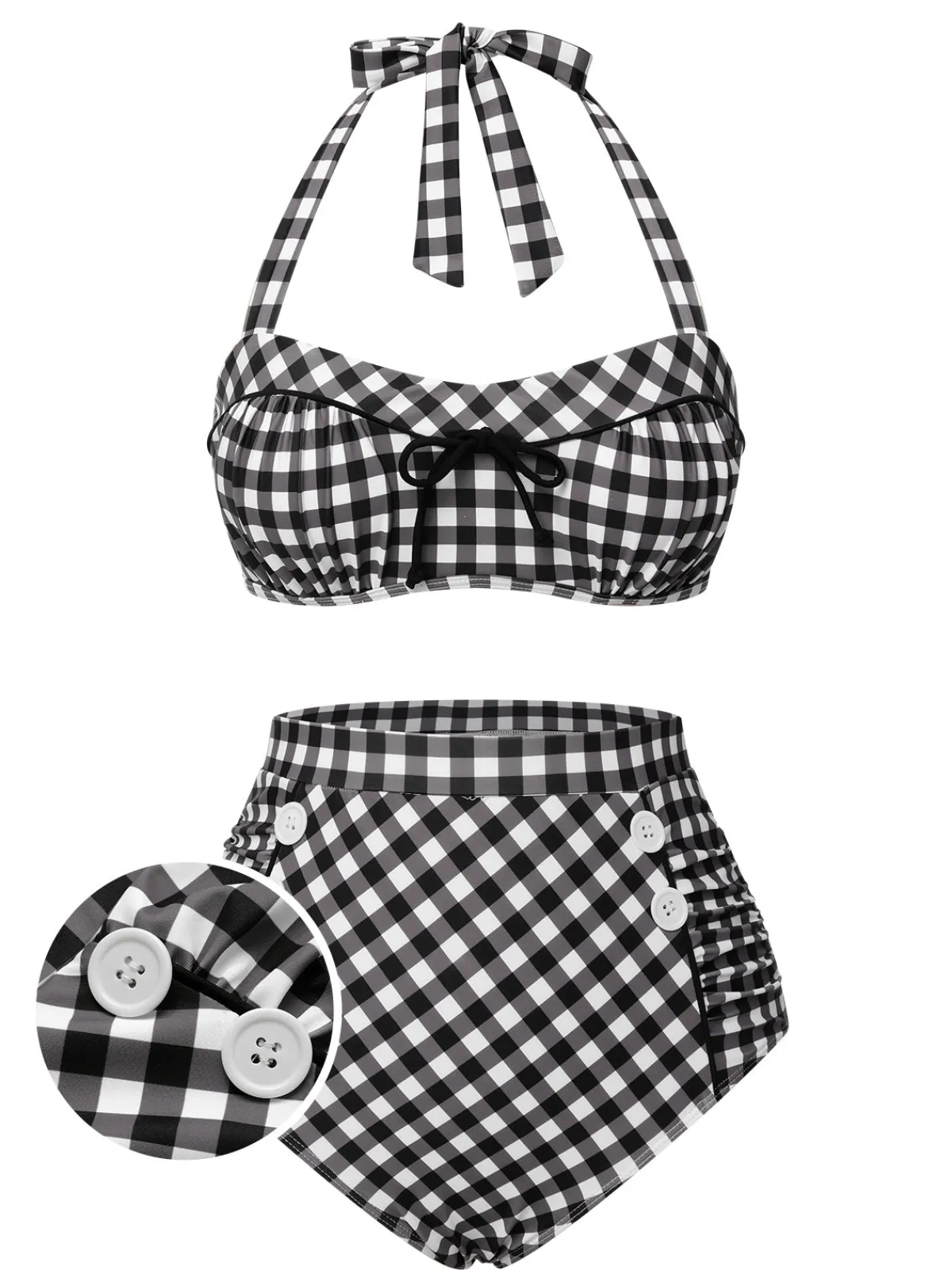 Best Retro Stage 1940s Plaid Halter Swimsuit Black