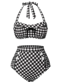 Best Retro Stage 1940s Plaid Halter Swimsuit Black