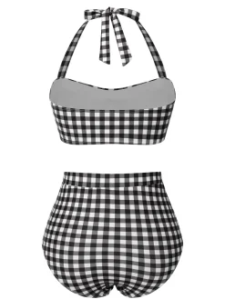 Best Retro Stage 1940s Plaid Halter Swimsuit Black