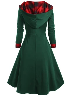 Online Retro Stage Black 1950s Plaid Hooded Button Dress