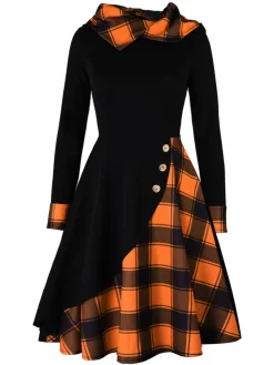 Online Retro Stage Black 1950s Plaid Hooded Button Dress