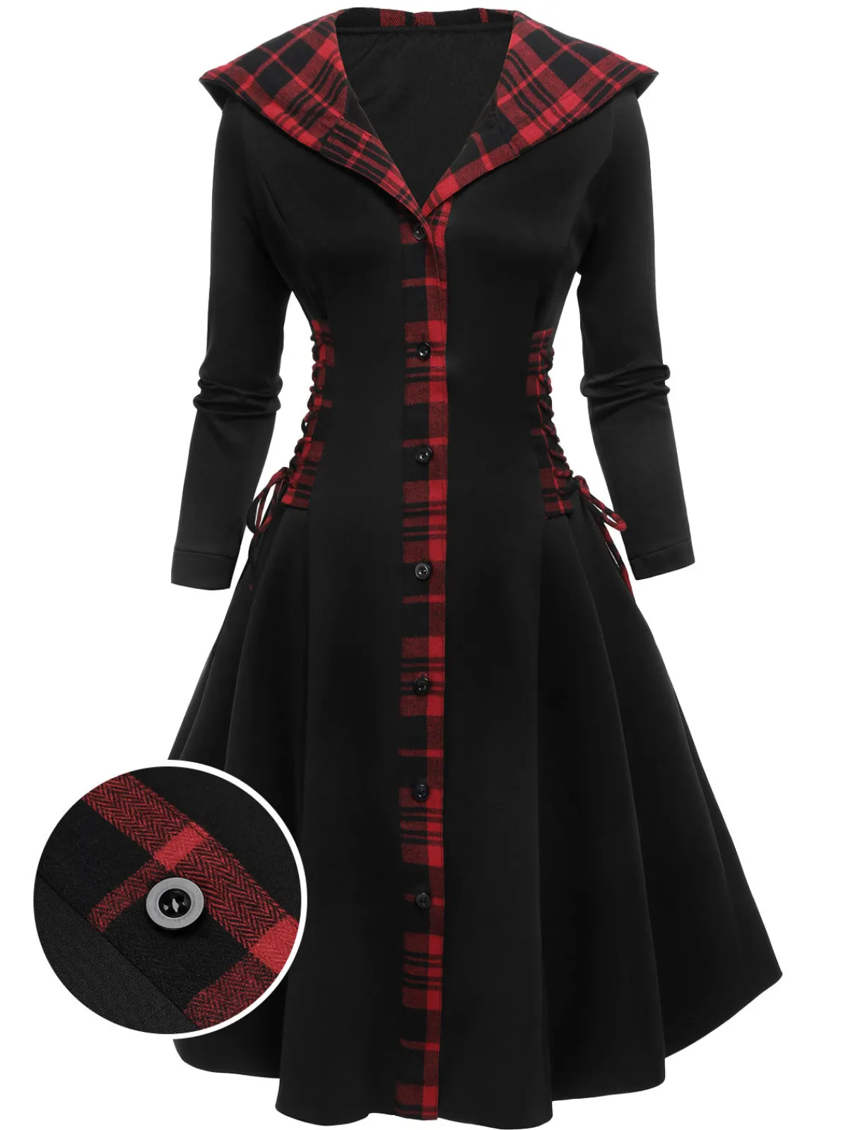 Discount Retro Stage 1950s Plaid Hooded Swing Dress Black