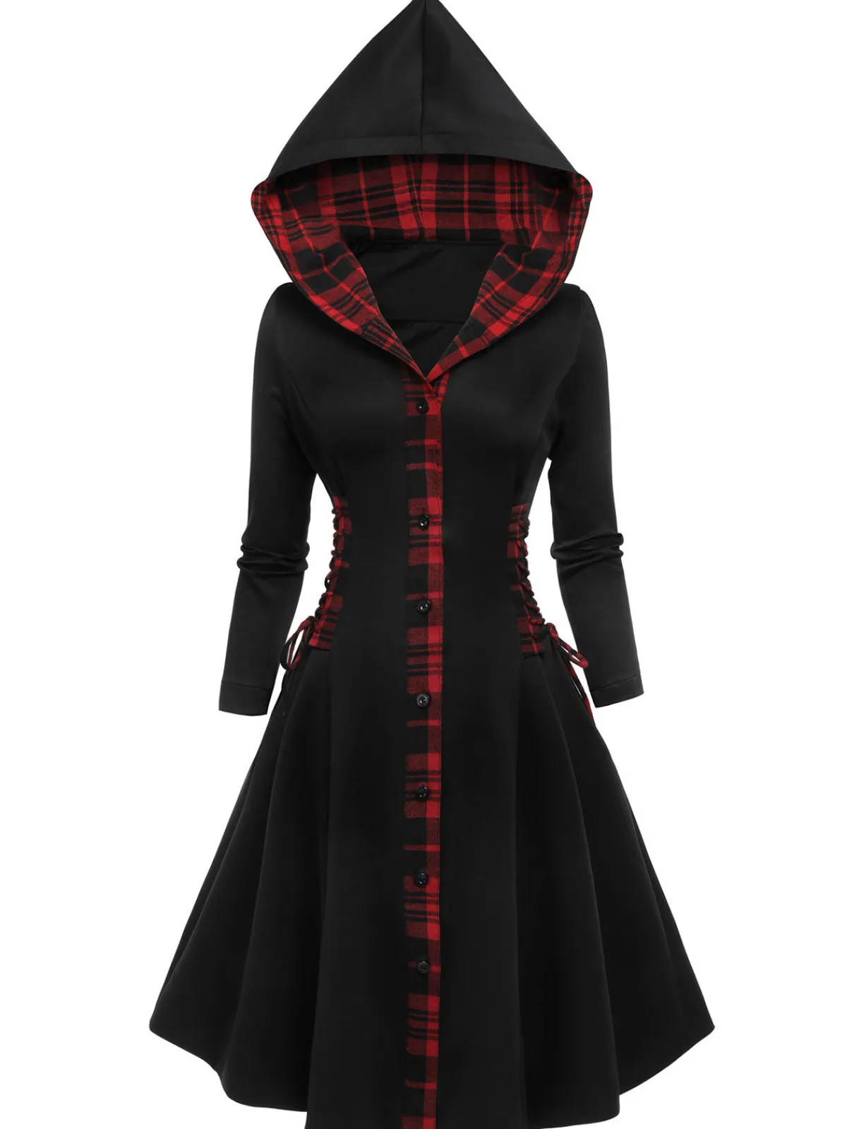 Discount Retro Stage 1950s Plaid Hooded Swing Dress Black