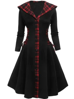 Discount Retro Stage 1950s Plaid Hooded Swing Dress Black