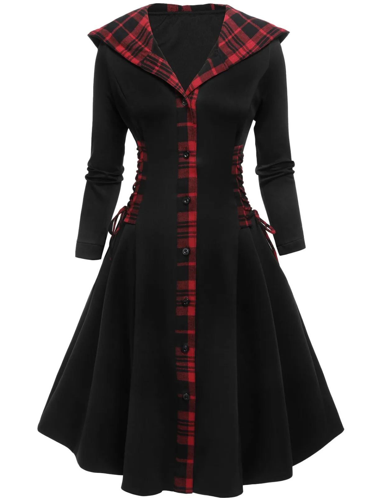 Discount Retro Stage 1950s Plaid Hooded Swing Dress Black