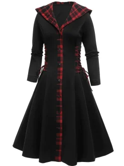 Discount Retro Stage 1950s Plaid Hooded Swing Dress Black